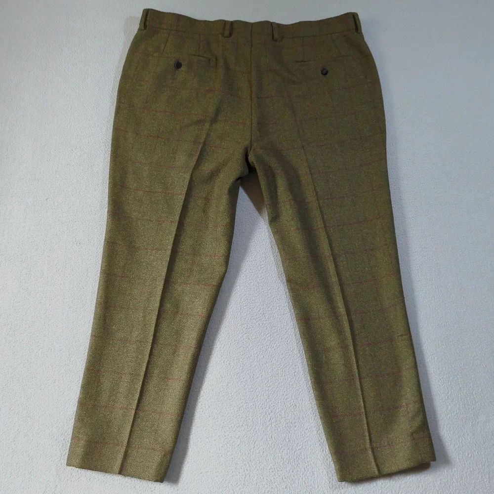Dobell Mens Olive Green Windowpane Tweed Wool Blend Trousers Size 40R Pants